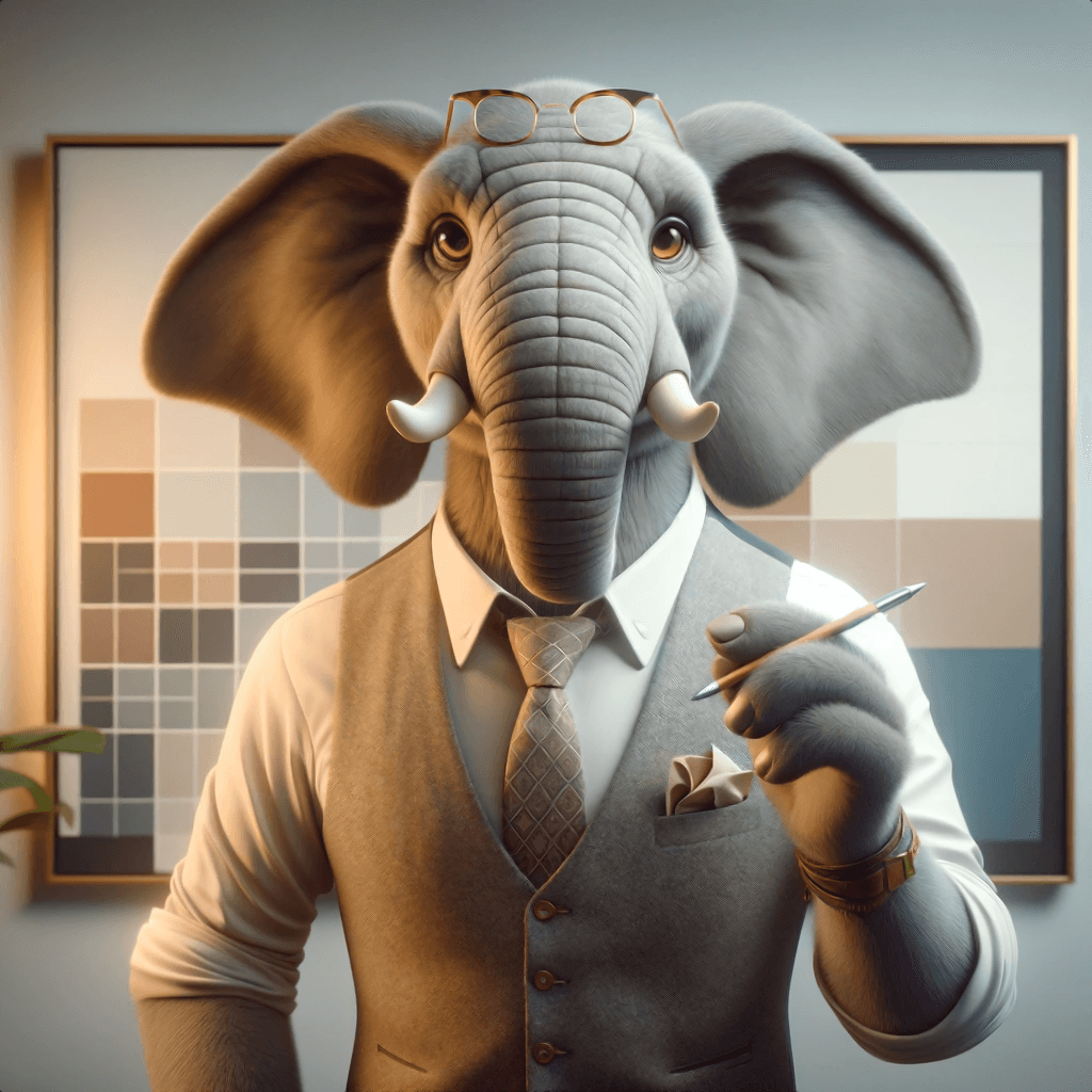 An anthropomorphic elephant in formal attire, holding a pen and wearing glasses, stands in front of an abstract artwork. The elephant's intellectual demeanor is emphasized by the indoor setting with soft lighting and a green potted plant to the side.