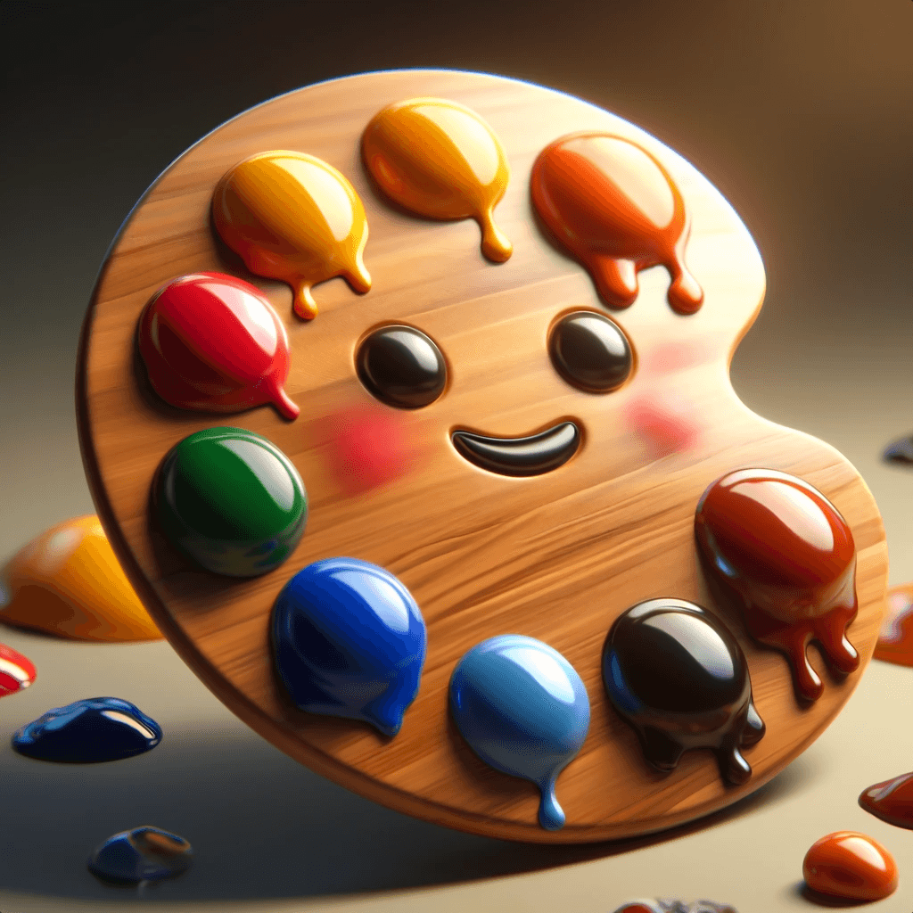 A cheerful 3D rendering of a wooden artist's palette emoji with a smiling face. The palette is adorned with glossy blobs of paint in various colors including red, green, blue, yellow, orange, and brown. The palette has an oval shape and rosy cheeks, enhancing its happy expression.