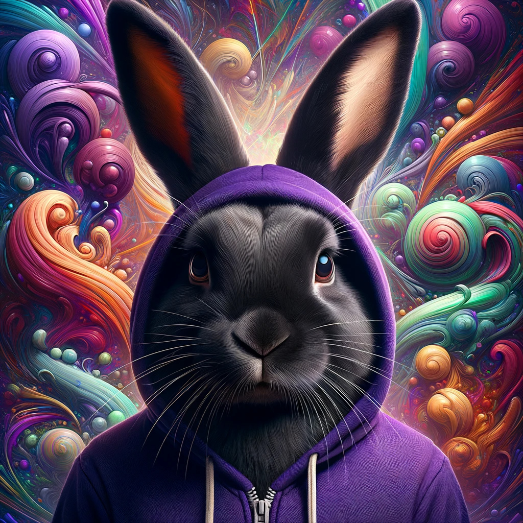 Illustration of a black rabbit in a purple hoodie, against a colorful, psychedelic backdrop.