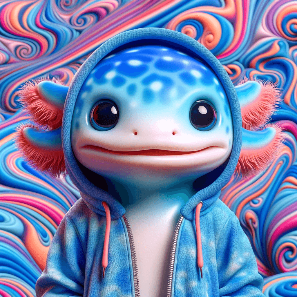 Illustration of a blue axolotl in a blue hoodie, with a psychedelic pink, blue, and purple background.