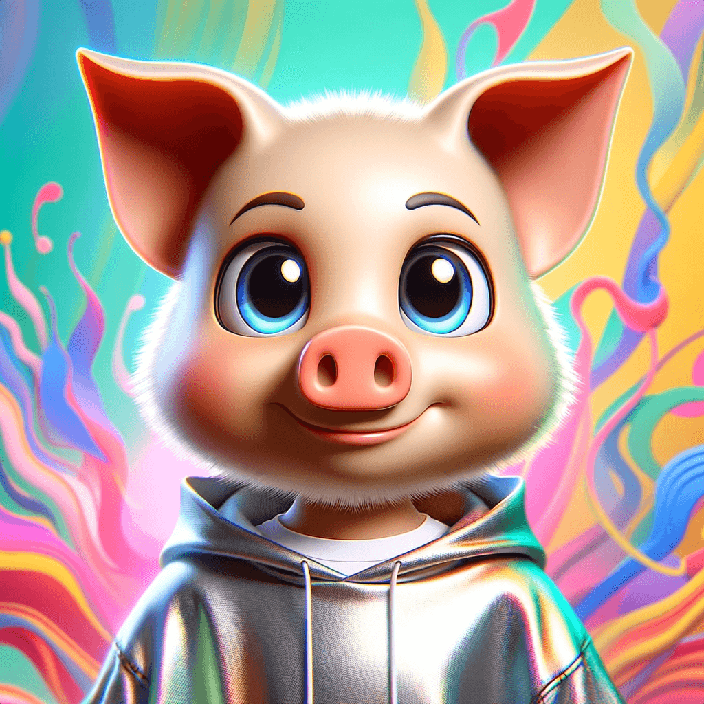 Digitally altered image of a pig in a silver hoodie, with a gradient psychedelic background.