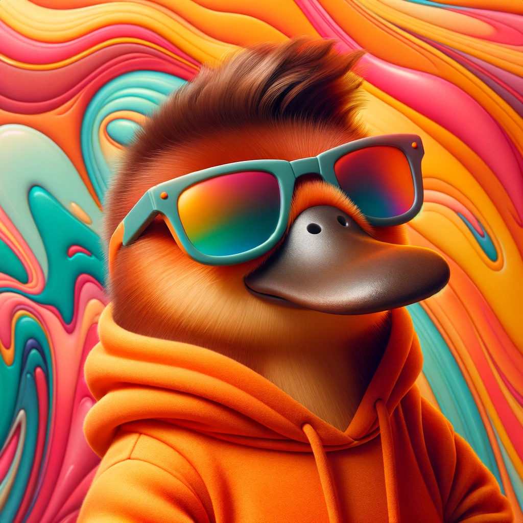 Art of a platypus in an orange hoodie and sunglasses, with pink, blue, and purple swirls.