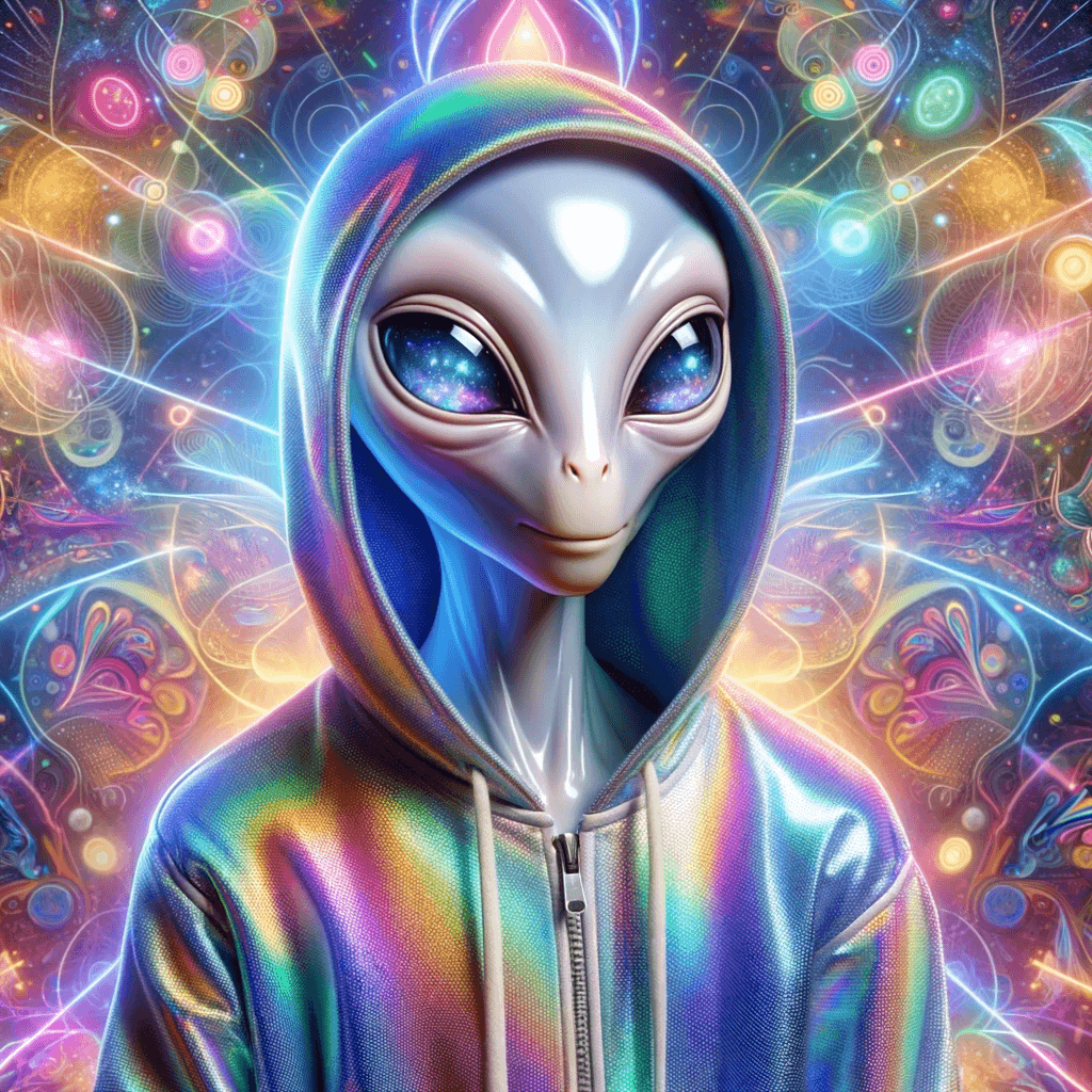 Image of an extraterrestrial in a silver, rainbow hoodie, with a neon cosmic background.