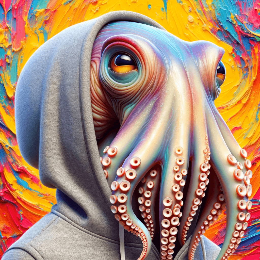 Surreal depiction of an octopus in a gray hoodie, with a vibrant abstract background.
