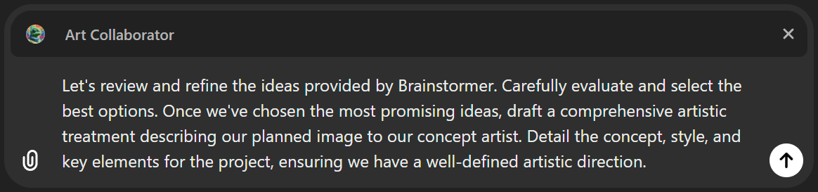 A screenshot of ChatGPT interface with a user query in the @Art Collaborator section. The query suggests reviewing and refining ideas provided by Brainstormer, selecting the best options, and drafting a comprehensive artistic treatment for a concept artist.