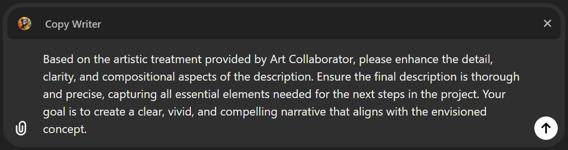 A screenshot of ChatGPT interface with a user query in the @Copy Writer section. The query asks to enhance the detail, clarity, and compositional aspects of the artistic treatment description provided by Art Collaborator.