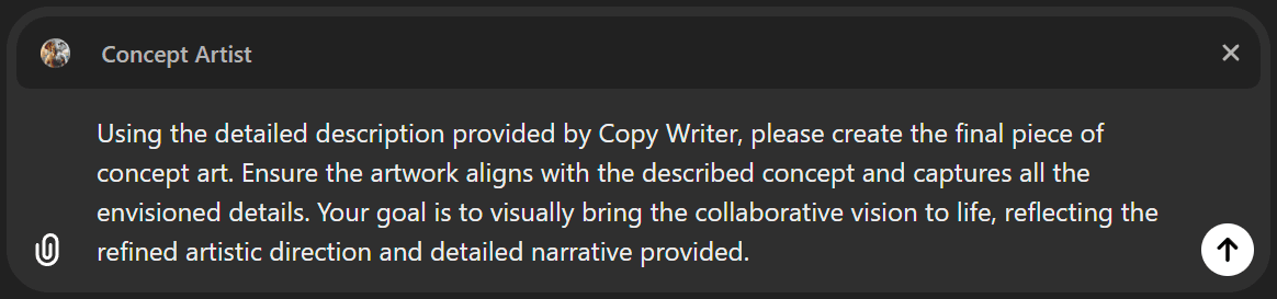A screenshot of ChatGPT interface with a user query in the @Concept Artist section. The query requests the creation of the final piece of concept art based on the detailed description provided by Copy Writer, ensuring the artwork aligns with the described concept and envisioned details.