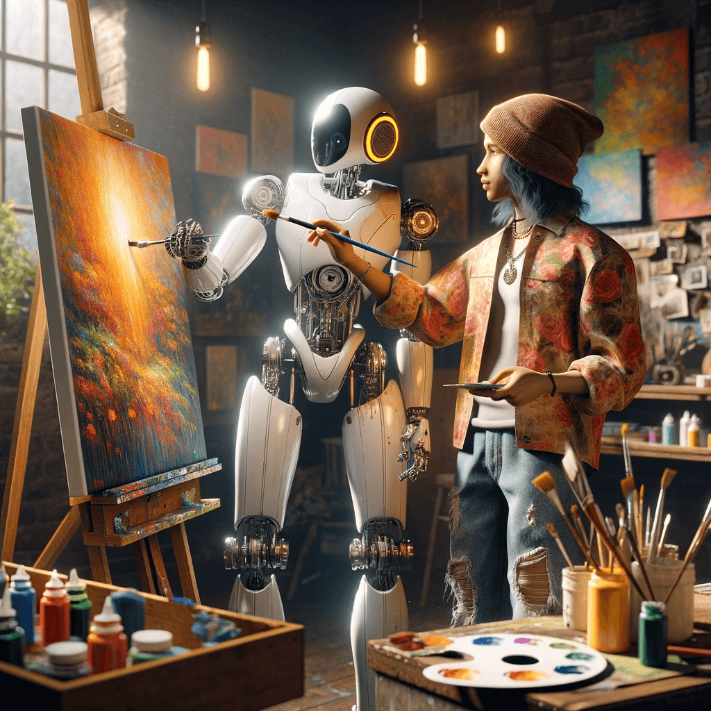 The image portrays a collaborative moment between a robot and a person in an art studio. The robot, equipped with various tools, is actively painting on a canvas. The studio is filled with art supplies, and the canvas displays a vibrant, colorful abstract artwork. The setting suggests a creative and dynamic environment where technology aids in the artistic process. The soft lighting casts dynamic shadows, adding depth to the scene. This image captures the fusion of human creativity and robotic precision.