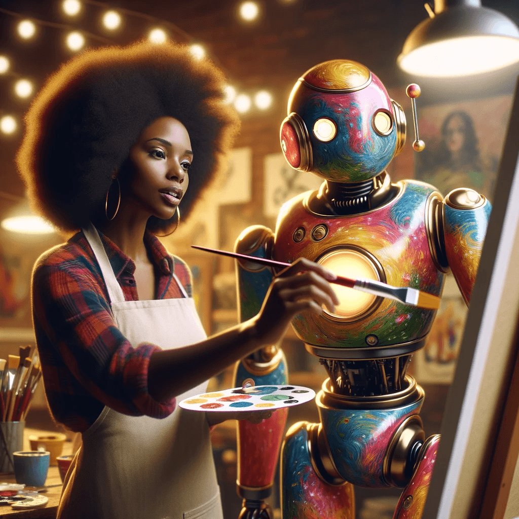 The image depicts a person in a plaid shirt and white apron painting colorful designs on a robot. The robot, adorned with multiple hues, stands in an artist's studio illuminated by warm lighting. The robot has a classic design with round features, antennas, and lights as eyes, suggesting a blend of traditional and modern aesthetics. The studio is filled with various art supplies, enhancing the creative and artistic atmosphere of the scene. The interaction between the person and the robot reflects a fusion of art and technology, where robots can be both the subject and the assistant in the creative process.