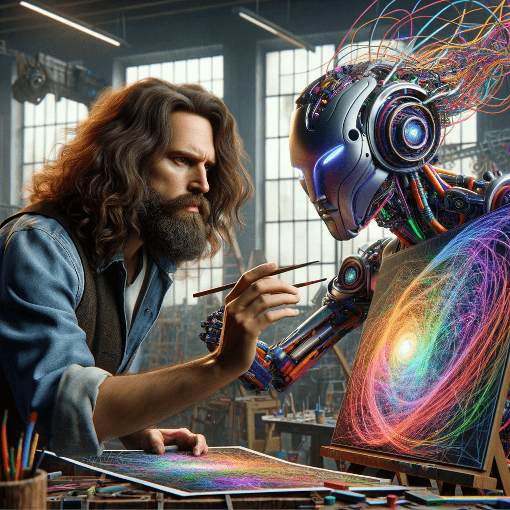 The image depicts a collaborative art session where a person and a highly detailed robot are both engaged in creating art. The person, wearing a denim shirt, is adding intricate details with a paintbrush, while the robot is simultaneously painting a vibrant and abstract artwork on a canvas. The setting is a bright workshop or studio with large windows that let in natural light, highlighting the active and creative workspace filled with scattered paintbrushes. This scene illustrates the synergy between human creativity and robotic precision in the artistic process.