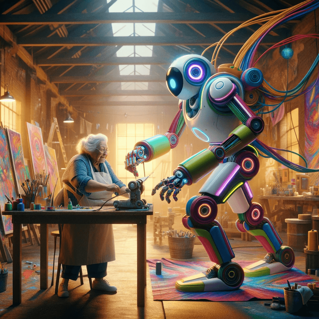The image features a colorful robot with wires extending from its back, standing in a dynamic pose. It appears to be observing an artist who is focused on their craft. The setting is a spacious, well-lit art studio filled with various art supplies and paintings. Sunlight streams through large windows, illuminating the room and highlighting the wooden barrels and tools scattered on the floor. The robot's vibrant colors and curious stance contrast with the artist's concentration, creating a scene that blends creativity with technology. The numerous completed paintings add a sense of vibrancy and artistic achievement to the studio.