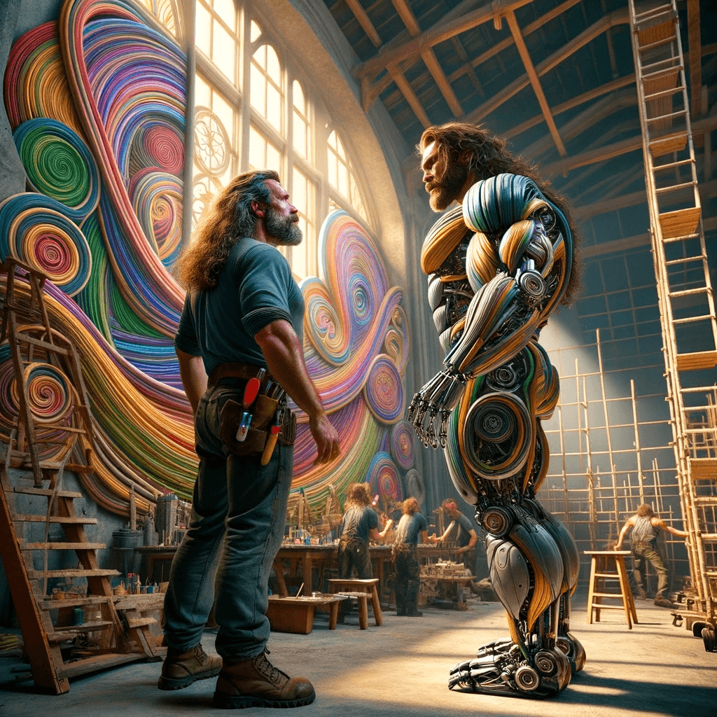 The image features a person and a humanoid robot standing in a spacious art studio, observing a large, colorful abstract painting on the wall. The person is dressed in casual work attire with tools attached to their belt, suggesting they may be an artist or craftsman. The robot has a complex mechanical design, indicating advanced technology. The studio has high ceilings and large windows, creating an open and airy atmosphere. Ladders and scaffolding hint at ongoing creative projects or installations within the space. This scene captures a moment of artistic contemplation shared between human and machine.