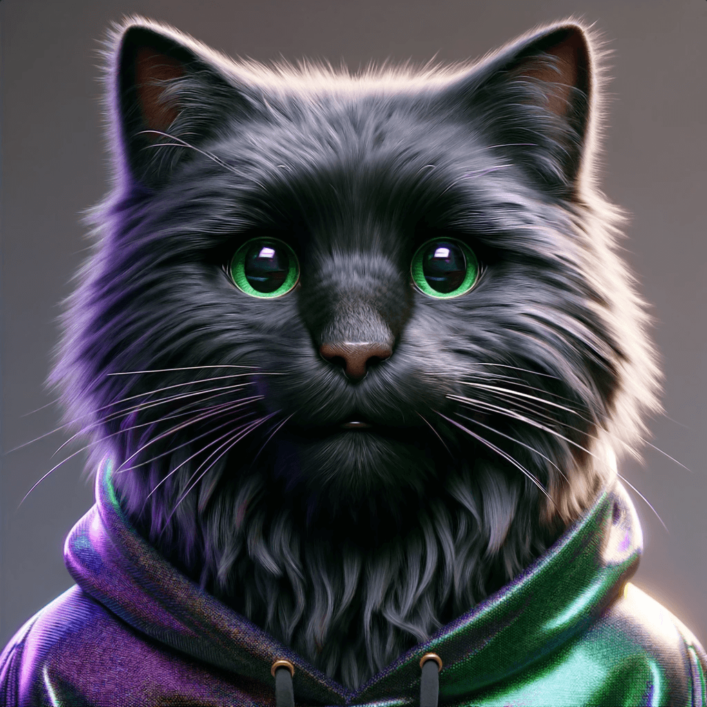 Anthropomorphic black cat in a pearlescent hoodie.