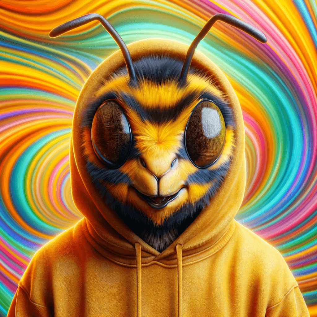 Anthropomorphic bee, dressed in a yellow hoodie, set against a swirling, abstract background.