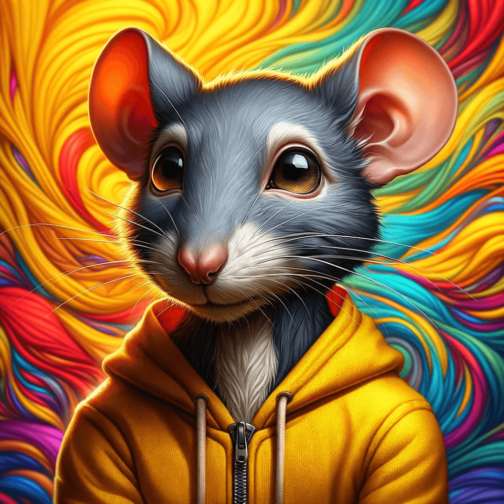 Digital art of a mouse in a yellow hoodie, with a playful abstract orange, blue, and purple background.