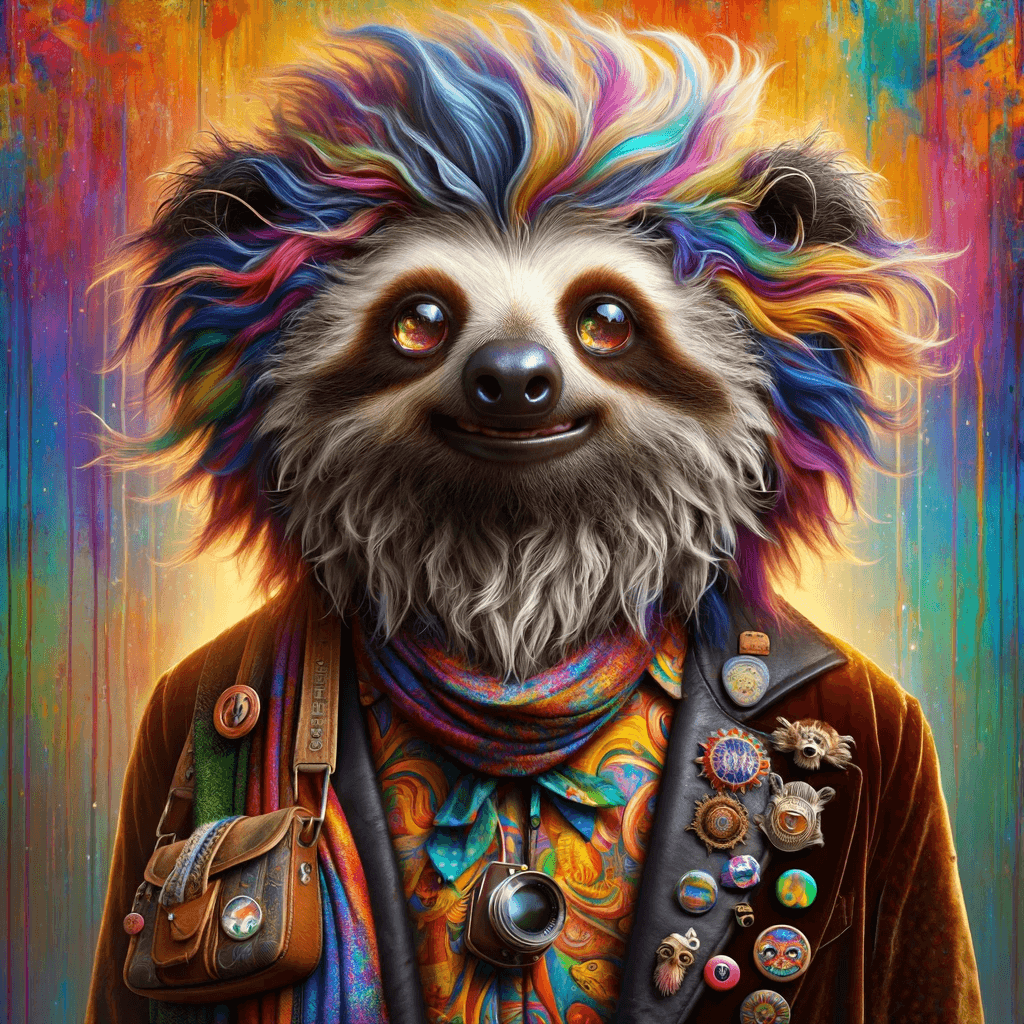 An anthropomorphic Sloth Bear set against a vibrant, abstract background. They have multicolored hair and are wearing a colorful scarf and a coat adorned with various eclectic pins and buttons. The overall impression is one of vibrancy and eclectic style.