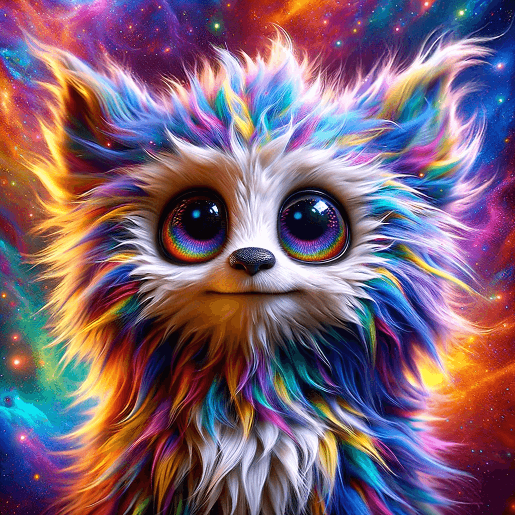 Whimsical creature with pastel rainbow fur, large eyes, against a starry nebula background.