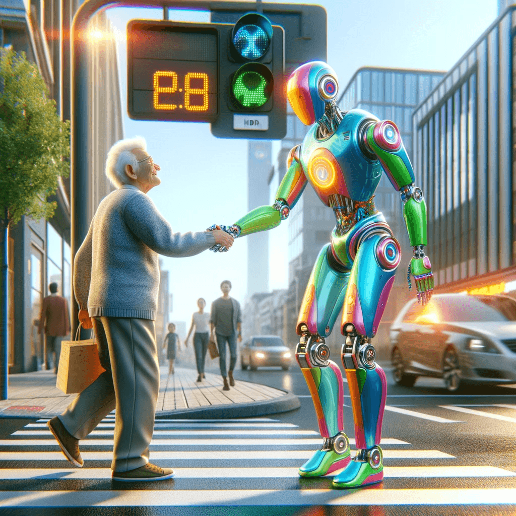 The image depicts a heartwarming and futuristic scene where an elderly person and a colorful, advanced robot are shaking hands at a pedestrian crossing. The traffic light above them shows time remaining with a green walk signal, indicating they have ample time to cross. The background features a modern cityscape with buildings and cars, all bathed in bright sunlight, suggesting a harmonious coexistence of humans and robots in everyday life. The elderly person appears casual and at ease with the interaction, carrying a bag and dressed in everyday clothes, while the robot's intricate design and lights hint at sophisticated technology. This scene captures the potential of artificial intelligence and robotics in enhancing human life.
