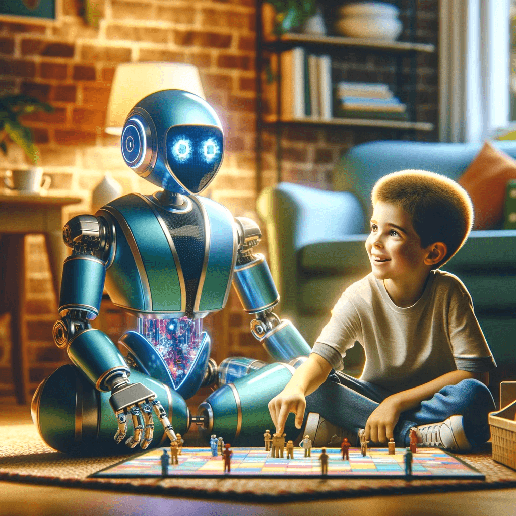 The image shows a child and a robot sitting on the floor, engaged in a game of chess. The setting appears to be a cozy living room with warm lighting. The robot has a futuristic design with blue accents and illuminated eyes, suggesting advanced technology. They are focused on the colorful chessboard between them. In the background, there's a green chair and a wooden table with books and cups, contributing to the homely atmosphere. A visible brick wall adds to the room's charm. This scene depicts a harmonious interaction between a young human and a robot, highlighting the potential for robots to participate in intellectual and recreational activities with humans.