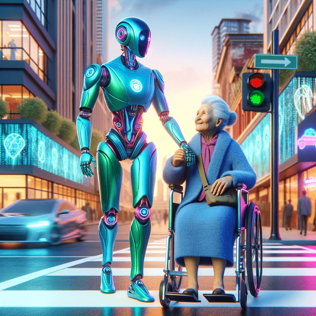 The image presents a futuristic and vibrant cityscape at night, where a sleek humanoid robot with teal and purple luminescent accents is assisting an elderly person in a wheelchair across the street. The city is alive with digital billboards and the soft glow of city lights. The robot's design is modern and circular light patterns adorn its body, highlighting the advanced technology. They are crossing at a pedestrian zone, indicated by the marked lines on the road, while cars are shown in motion blur, suggesting the hustle of city life. The traffic lights are green, ensuring safe passage for the pedestrians. This image encapsulates the potential harmony between humans and robots in urban environments.