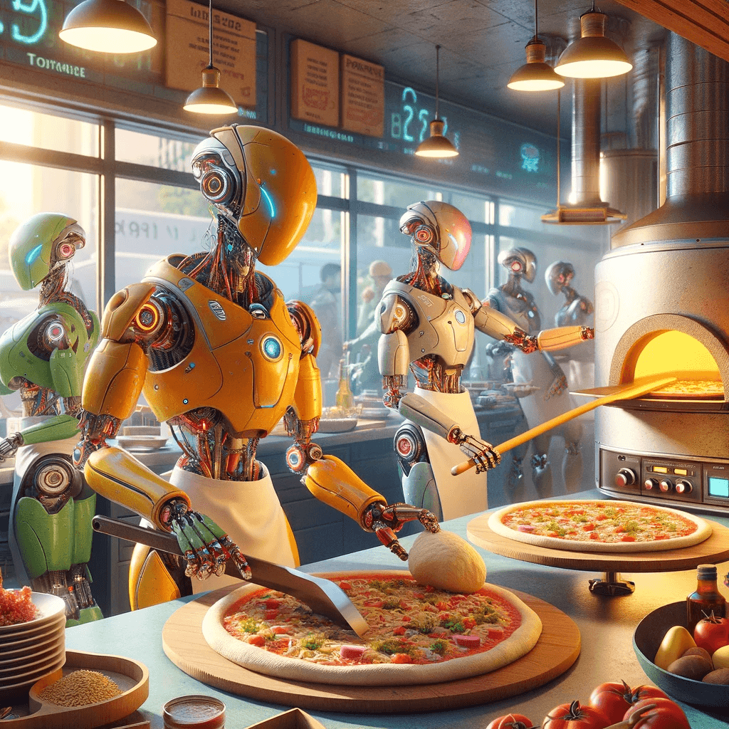 The image features a lively robotic pizzeria where robots with intricate designs and colorful exteriors are engaged in various tasks. In the foreground, a robot skillfully spreads pizza dough, surrounded by fresh ingredients. Another robot places a freshly baked pizza into a wood-fired oven, glowing warmly. The atmosphere is inviting, with natural and artificial lights creating a cozy ambiance. An electronic menu board and a clock are visible in the background, where other robots attend to customers or prepare pizzas. This scene illustrates the integration of robotics in culinary settings, enhancing efficiency and adding a futuristic touch to the dining experience.