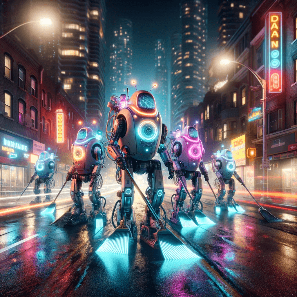 The image features a group of futuristic robots with illuminated elements and intricate designs, standing on a wet city street at night. The scene is vibrant with neon signs and tall buildings, creating a visually striking effect. The reflection of the lights on the wet street adds to the atmosphere, which is both vibrant and eerie, enhanced by the misty environment and artificial lighting. This depiction showcases the potential integration of advanced robotics into urban life.