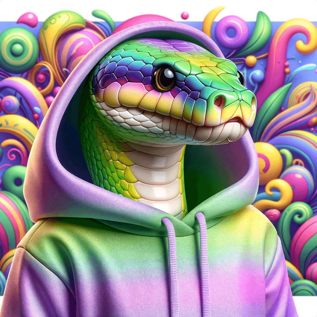 Colorful illustration of a python in a gradient hoodie, with psychedelic background patterns.