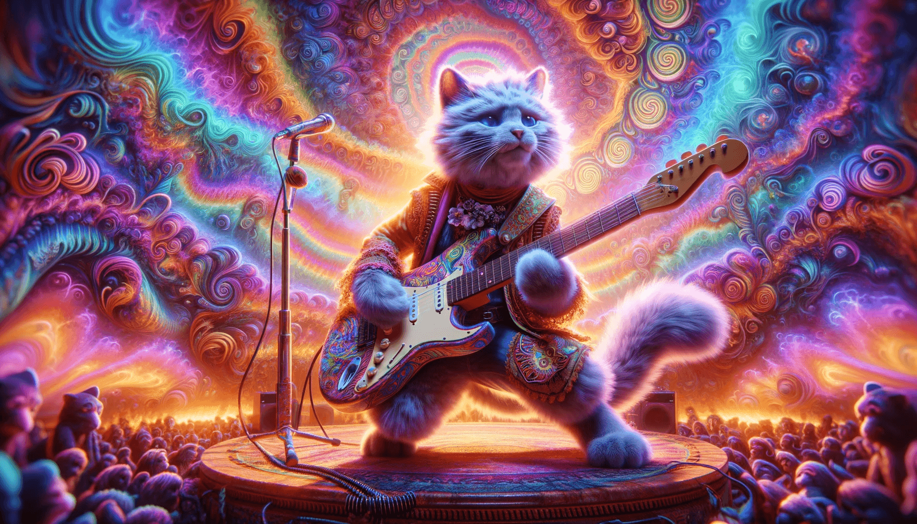 A vibrant and dynamic surreal artwork featuring a guitar playing cat with a swirling pattern of radiant colors, including blues, greens, purples, and yellows. The composition exudes a sense of motion and energy with light trails and abstract shapes intertwining, creating a mesmerizing effect. Glowing orbs are scattered throughout, adding to the ethereal quality of the piece. The overall mood conveyed is one of energy, motion, and dynamism, inviting viewers to immerse themselves in the abstract visual experience.