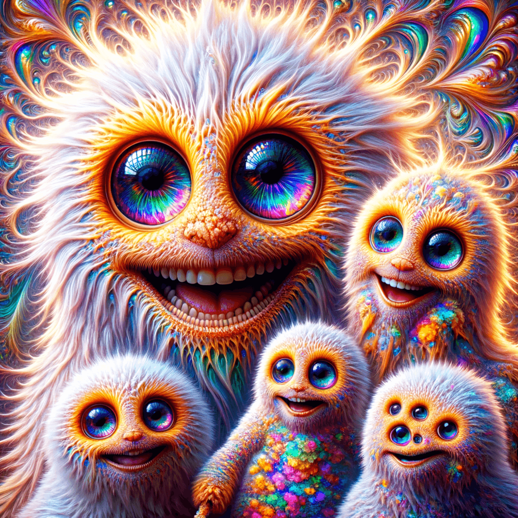 Four colorful, fantastical creatures with exaggerated and whimsical features. They are depicted with large, multicolored eyes and intricate fur patterns, exuding a friendly and approachable demeanor. The largest creature is positioned in the background, while the three smaller ones are in the foreground, creating a sense of depth. The vibrant colors and psychedelic aesthetic of the image convey a playful and imaginative atmosphere. The image is lively and detailed, inviting viewers to explore the whimsical world it portrays.