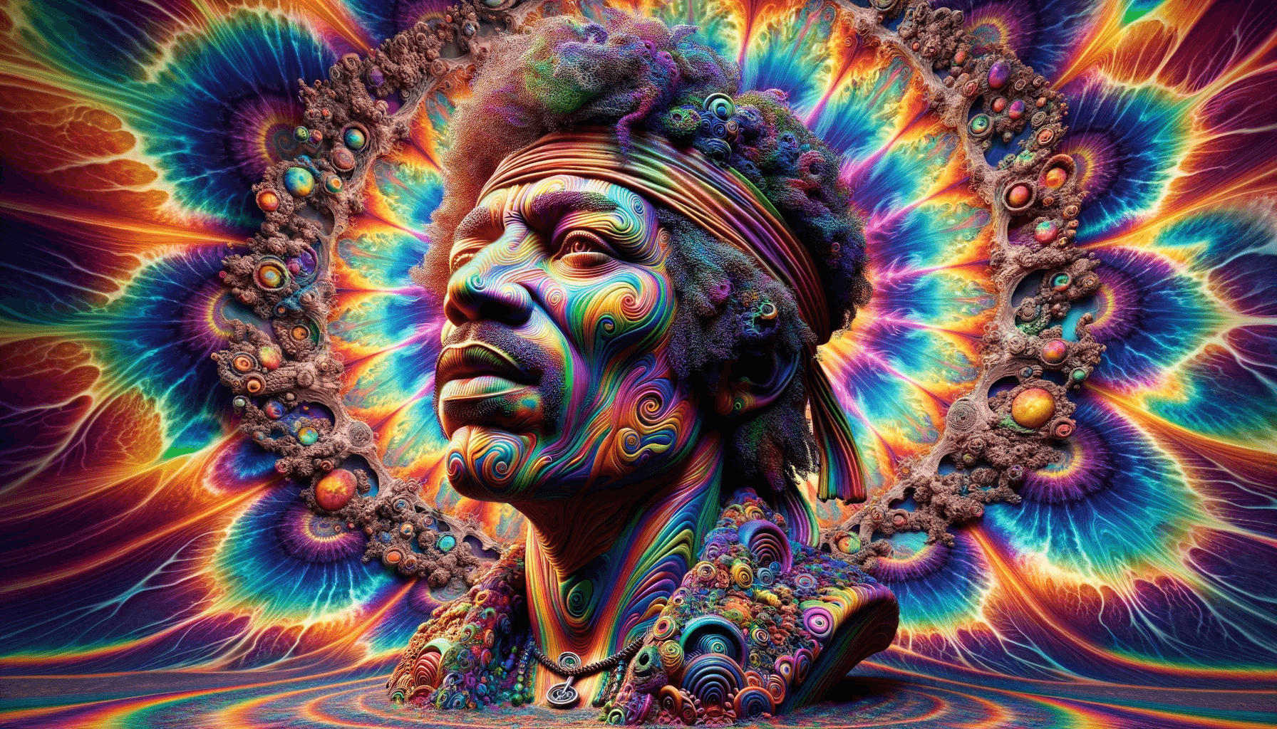 A vibrant and dynamic surreal artwork featuring a bust of Jimi Hendrix with a swirling pattern of radiant colors, including blues, greens, purples, and yellows. The composition exudes a sense of motion and energy with light trails and abstract shapes intertwining, creating a mesmerizing effect. The overall mood conveyed is one of energy, motion, and dynamism, inviting viewers to immerse themselves in the abstract visual experience.