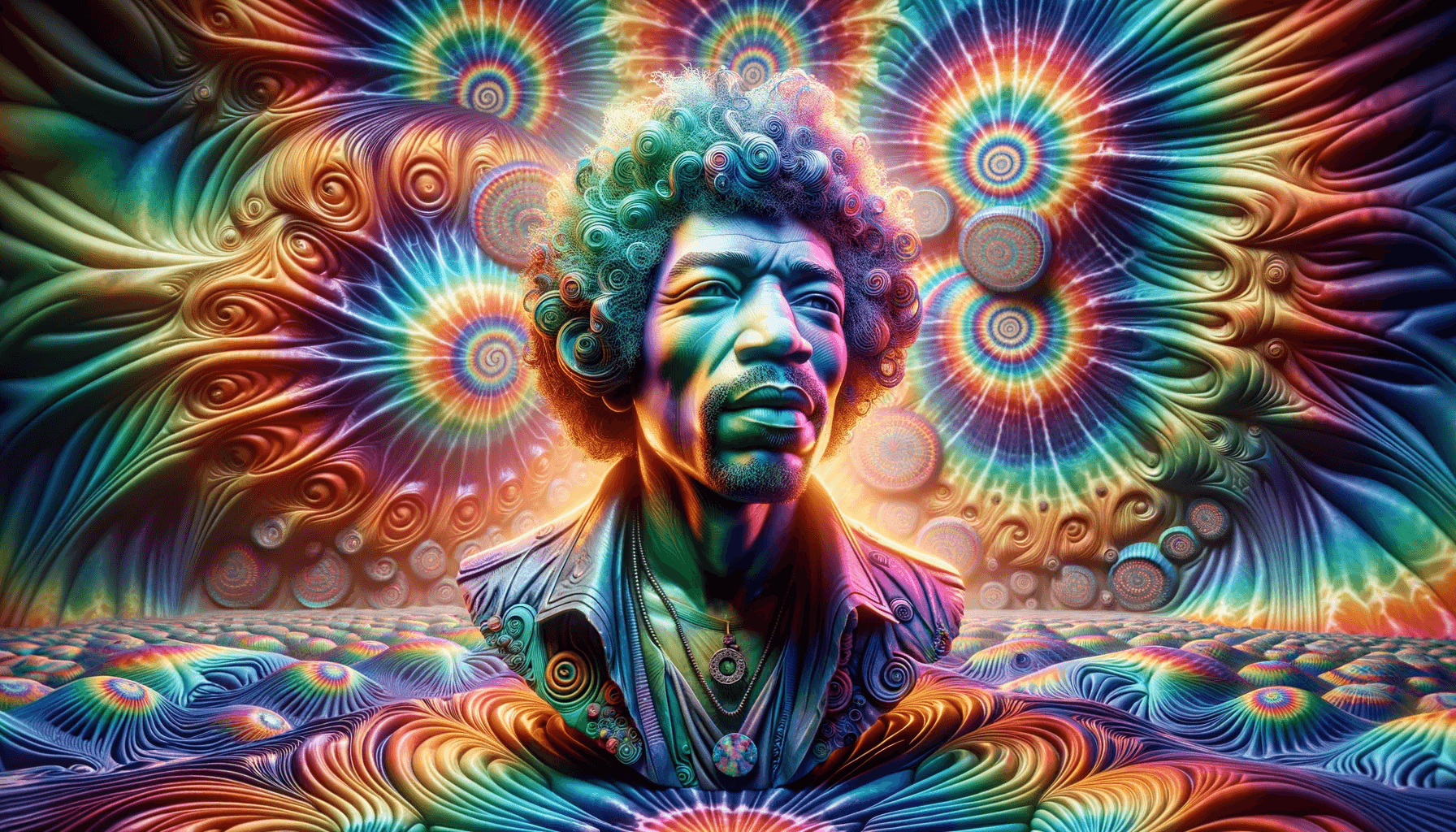 A vibrant and dynamic surreal artwork featuring a bust of Jimi Hendrix with a swirling pattern of radiant colors, including blues, greens, purples, and yellows. The composition exudes a sense of motion and energy with light trails and abstract shapes intertwining, creating a mesmerizing effect. The overall mood conveyed is one of energy, motion, and dynamism, inviting viewers to immerse themselves in the abstract visual experience.