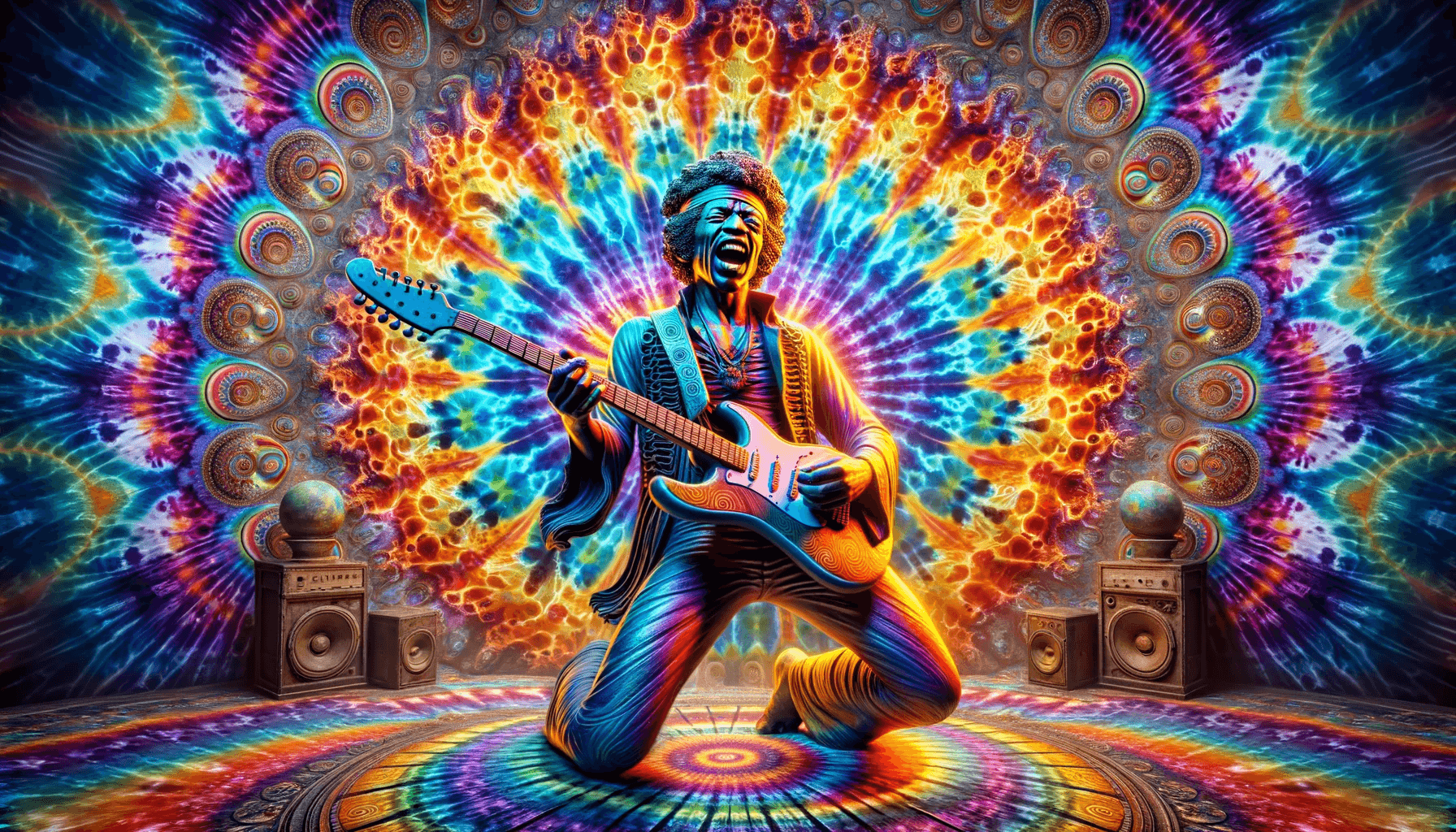 A vibrant and dynamic surreal artwork featuring Jimi Hendrix with a swirling pattern of radiant colors, including blues, greens, purples, and yellows. The composition exudes a sense of motion and energy with light trails and abstract shapes intertwining, creating a mesmerizing effect. The overall mood conveyed is one of energy, motion, and dynamism, inviting viewers to immerse themselves in the abstract visual experience.