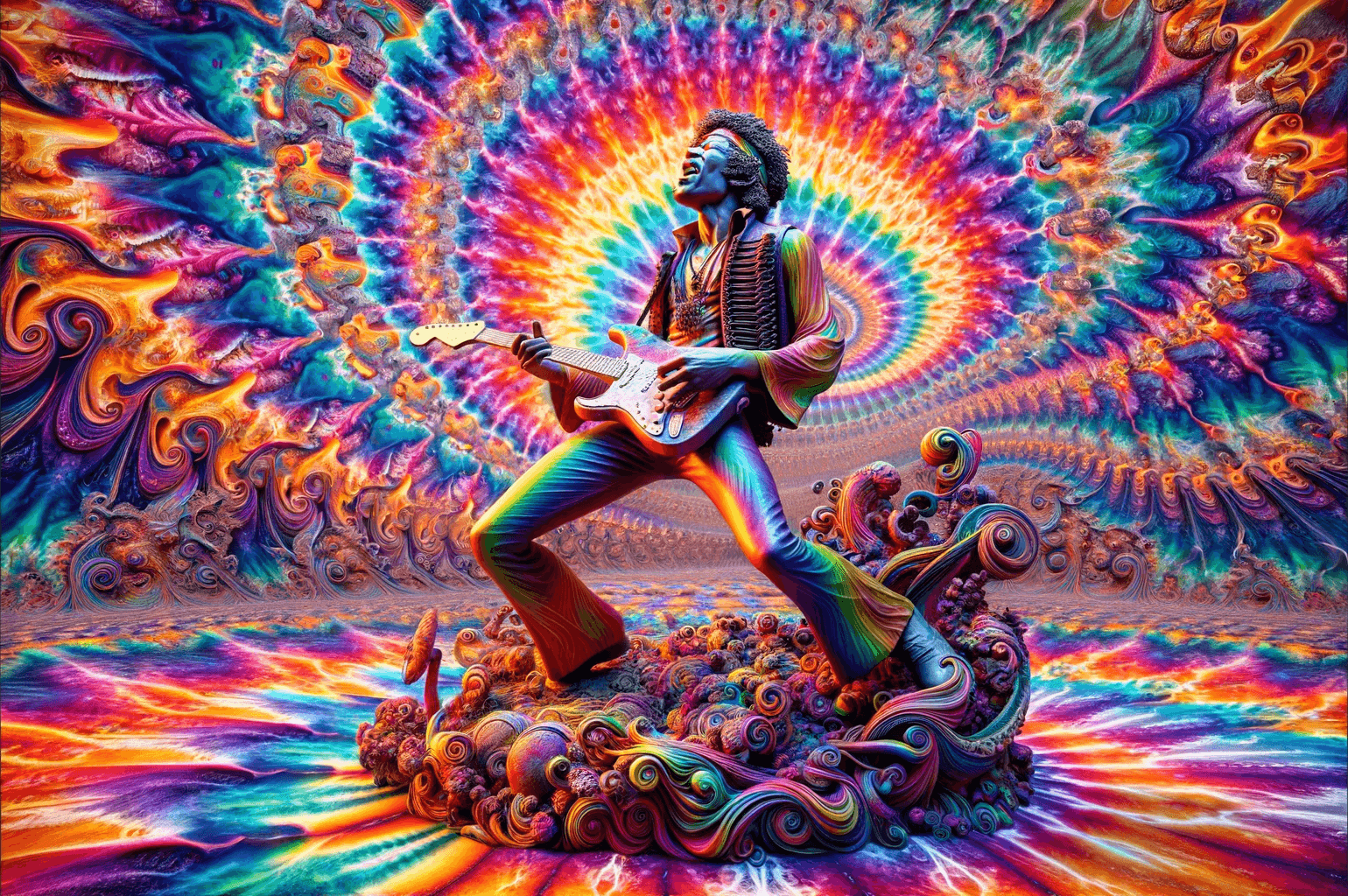 A vibrant and dynamic surreal artwork featuring Jimi Hendrix playing guitar with a swirling pattern of radiant colors, including blues, greens, purples, and yellows. The composition exudes a sense of motion and energy with light trails and abstract shapes intertwining, creating a mesmerizing effect. The overall mood conveyed is one of energy, motion, and dynamism, inviting viewers to immerse themselves in the abstract visual experience.