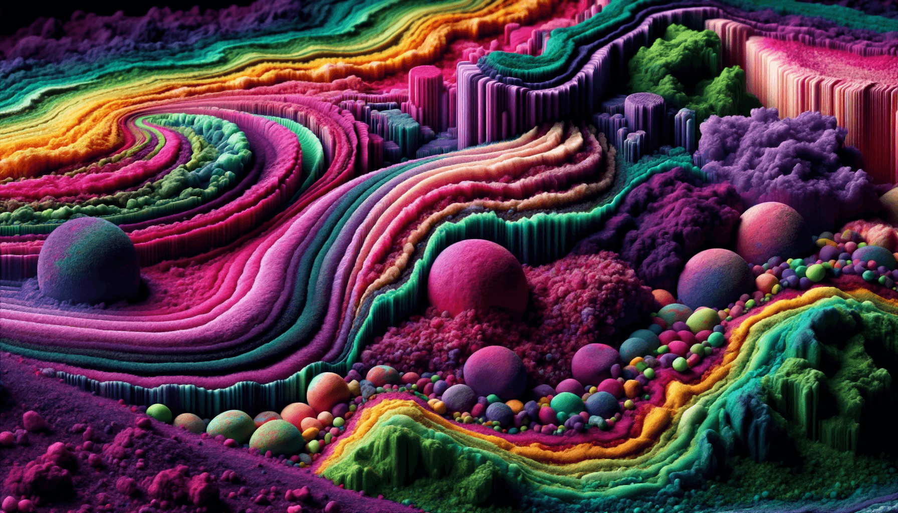 The image presents a vibrant and colorful abstract landscape with layered, undulating terrains in various hues, interspersed with spherical shapes. The colors range from bright pinks, greens, yellows to darker purples and blues, creating a psychedelic effect. The textures vary, appearing soft and fluffy in some areas and more structured in others, contributing to the mesmerizing visual experience of the artwork. This abstract representation of a landscape showcases a blend of creativity and imagination, inviting viewers to interpret the scene in their own unique way.